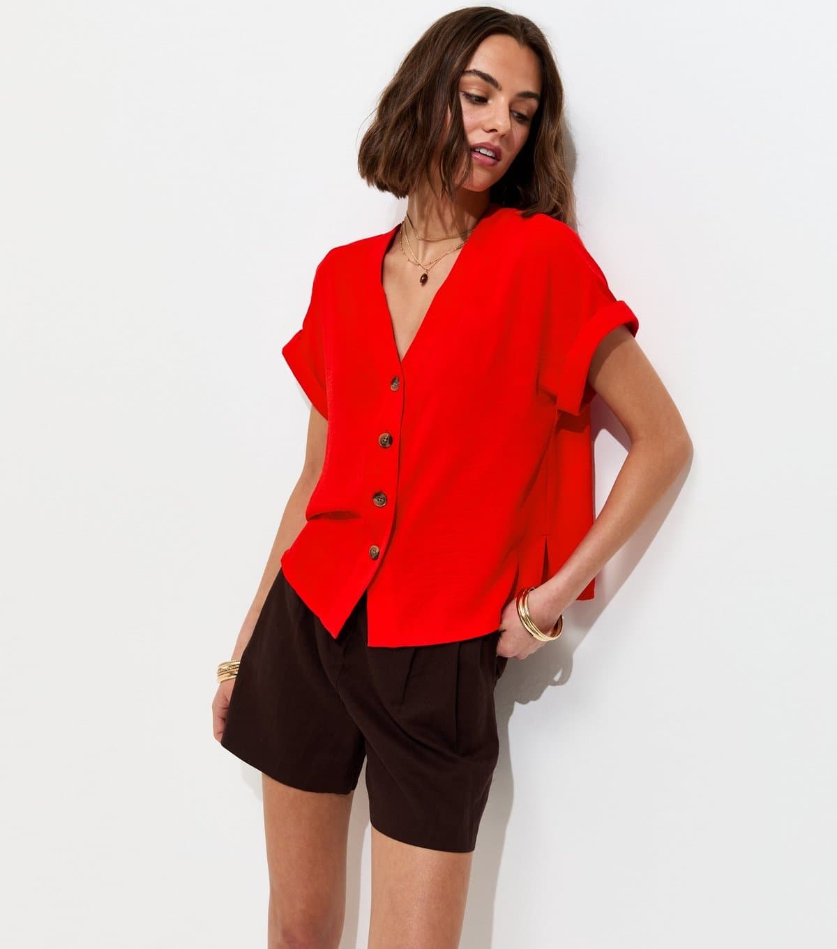 New Look New Look Red Woven Textured V-Neck Top