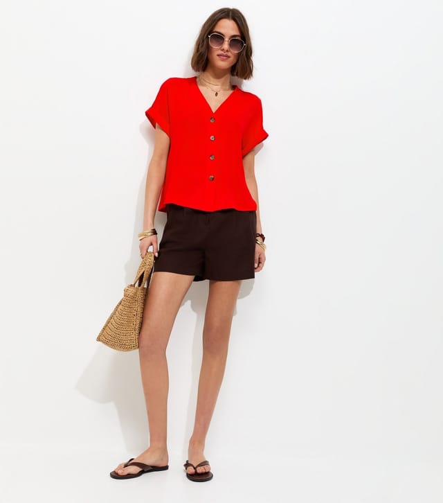 New Look Women's Red Button Through Folded Cuff Top New Look - 3