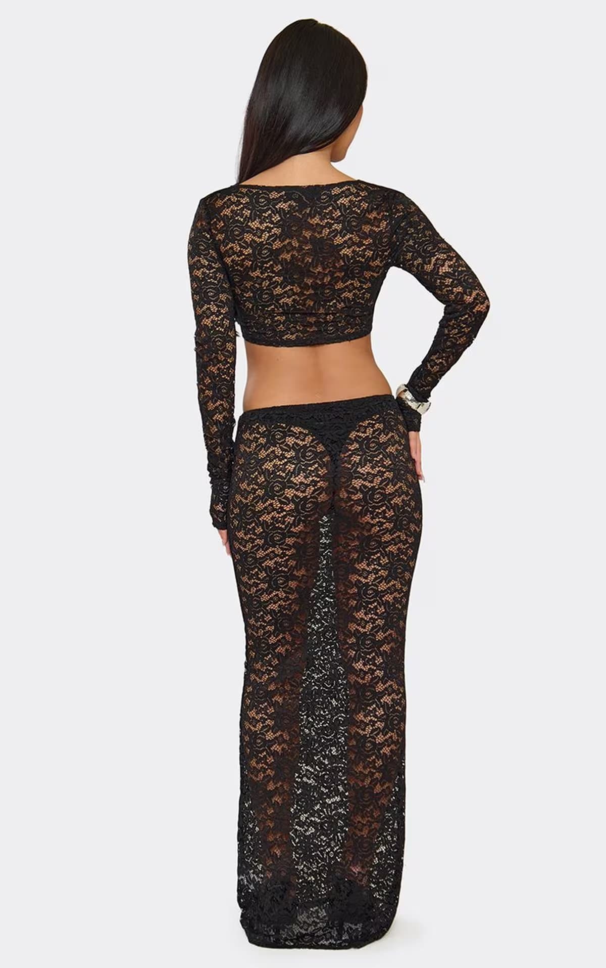 EGO Low Waist Maxi Skirt In Black Sheer Lace, Women's Size UK 6