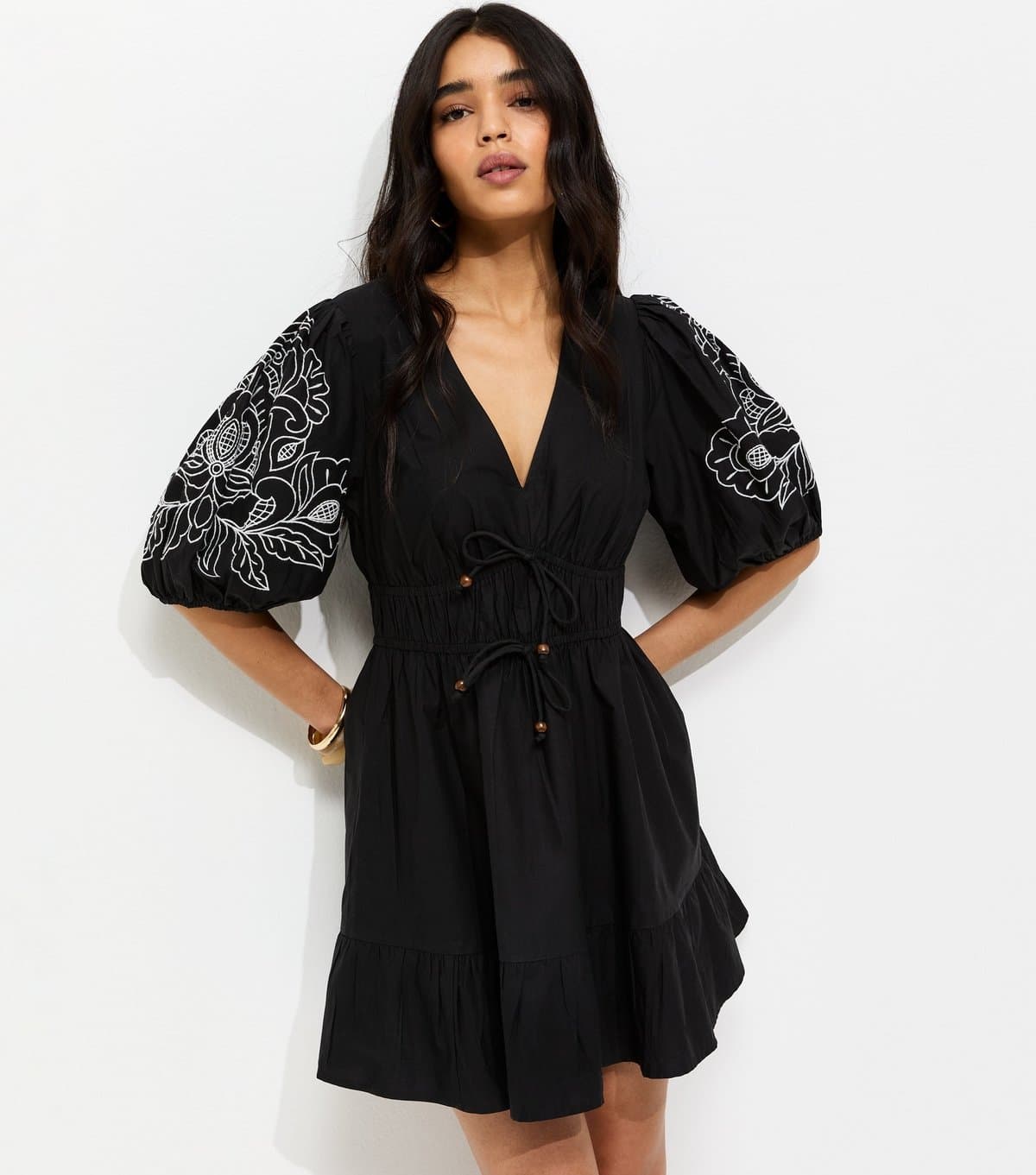 New Look Women's Black Cotton Embroidered Puff Sleeve Mini Dress New Look