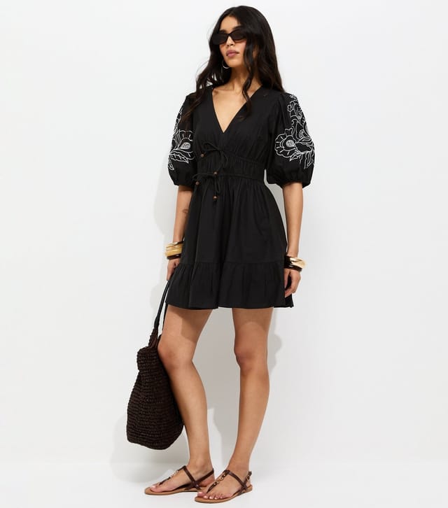 New Look Women's Black Cotton Embroidered Puff Sleeve Mini Dress New Look - 3
