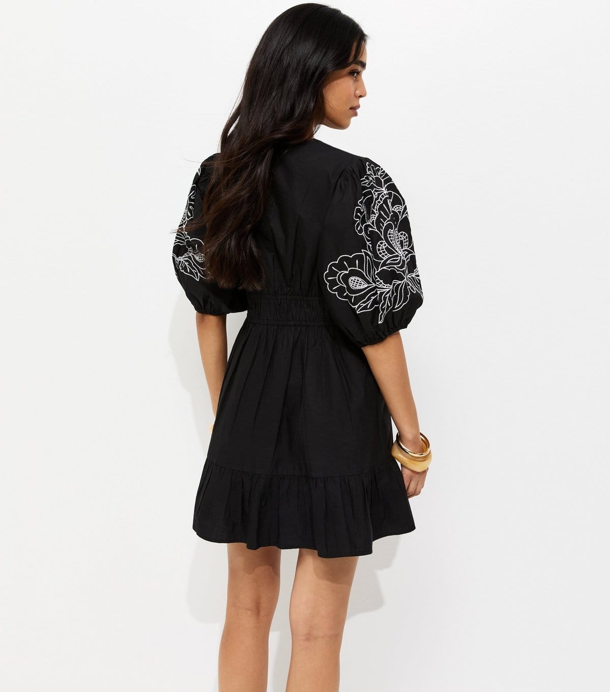 New Look Women's Black Cotton Embroidered Puff Sleeve Mini Dress New Look - 4