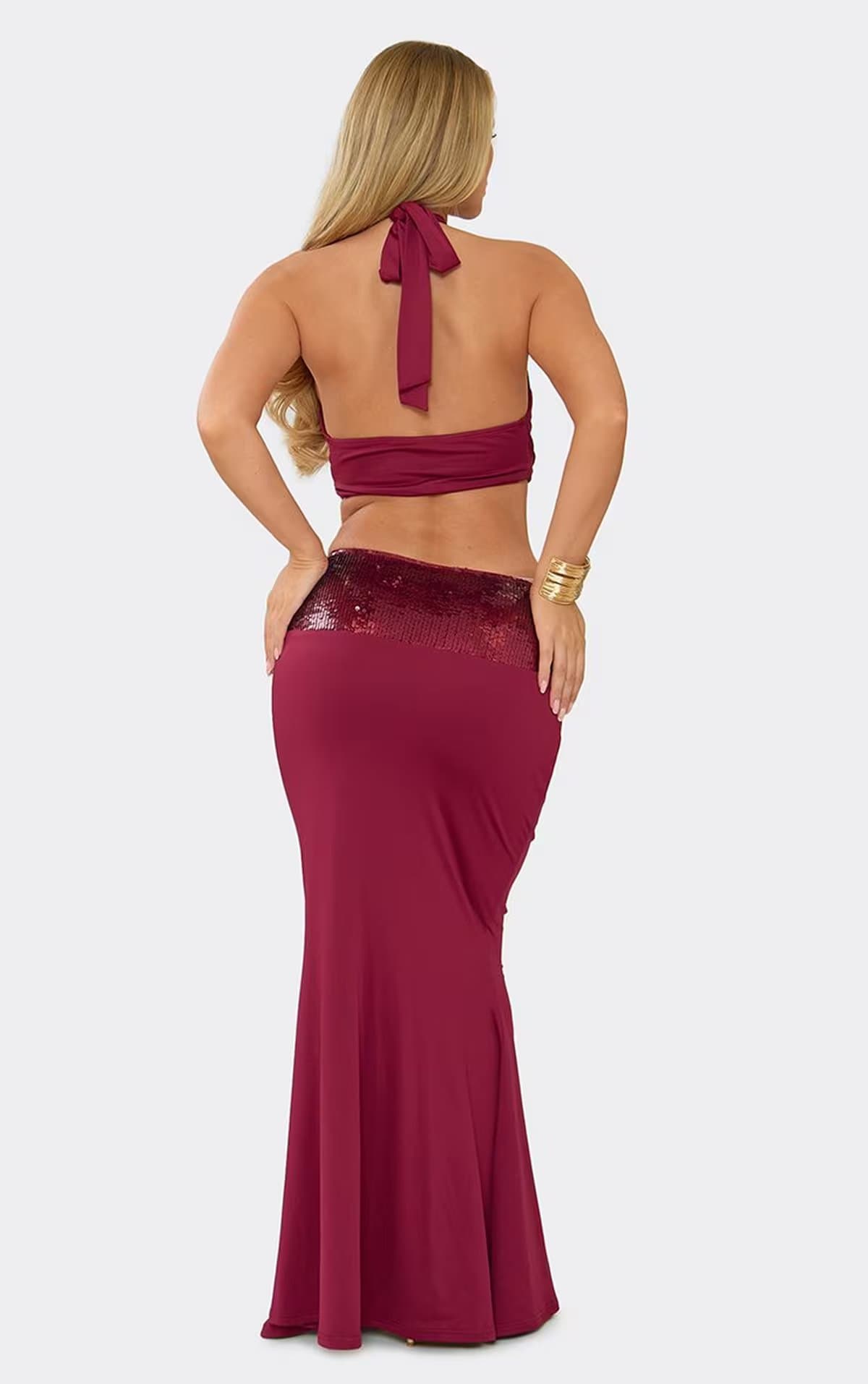 EGO Halterneck Trim Detail Contrast Sequin Panel Cut Out Maxi Dress In Burgundy, Women's Size UK 6