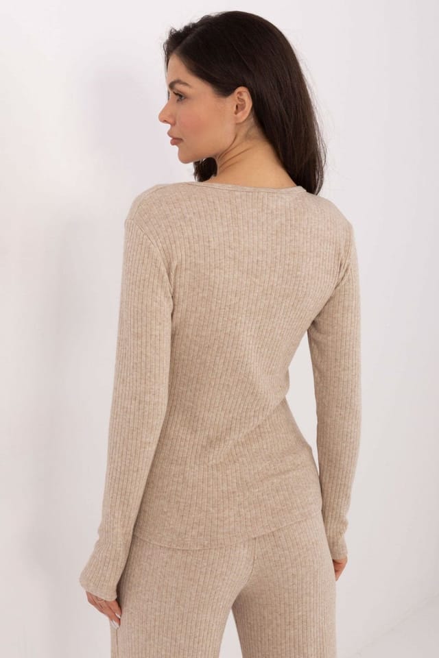 Love Lace Love Lace Women's V Neck Ribbed Casual Long Sleeve Sweater in Beige - 3