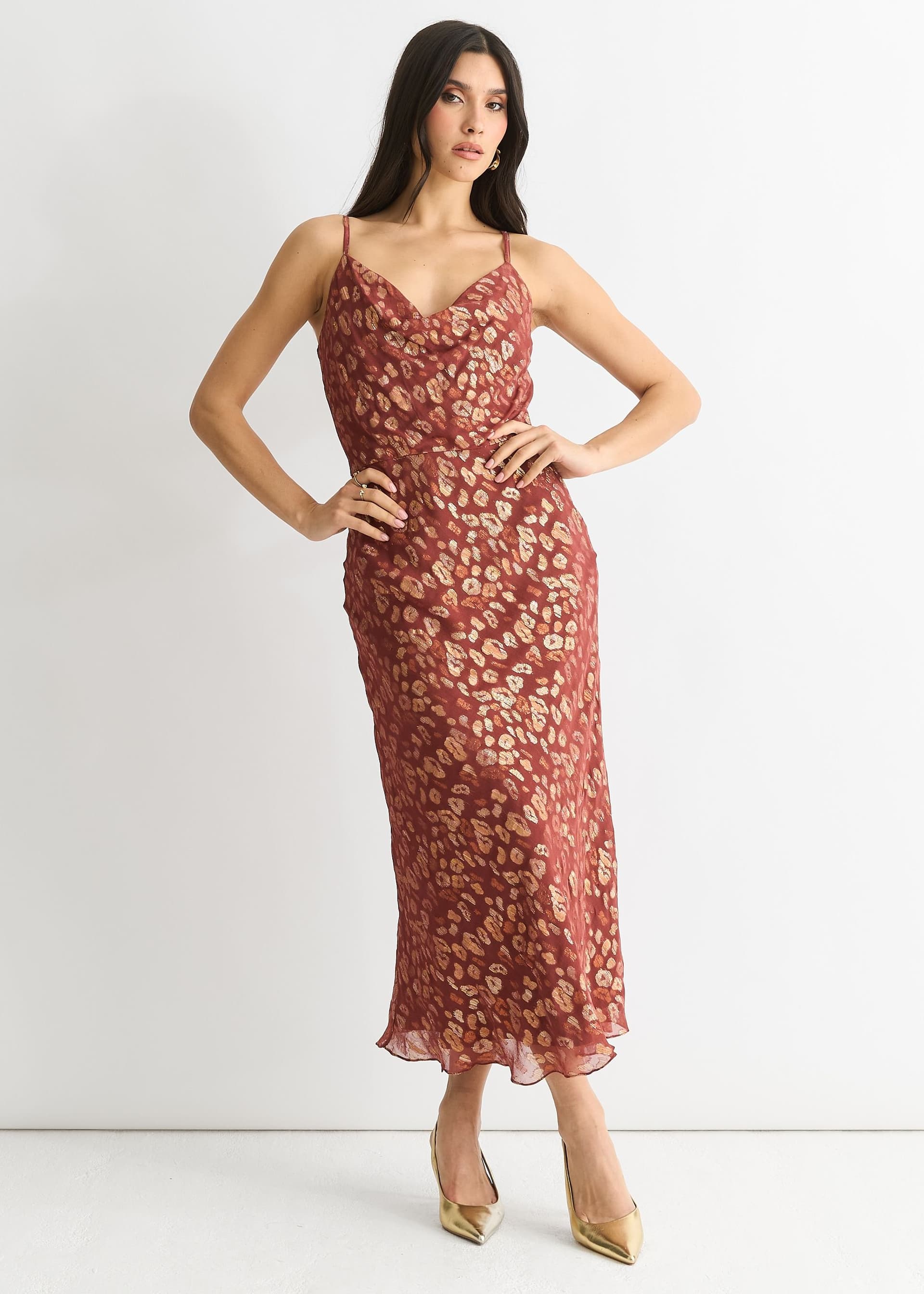 Gini London Gini London Women's Brown Viscose Animal Jacquard Cowl Midi Dress