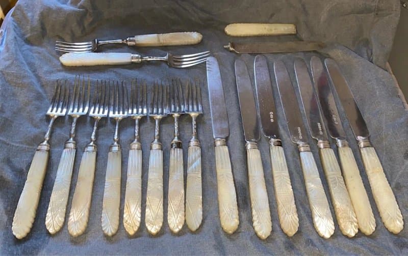 Silver Sterling silver knife and fork vintage set with mother of pearl handles