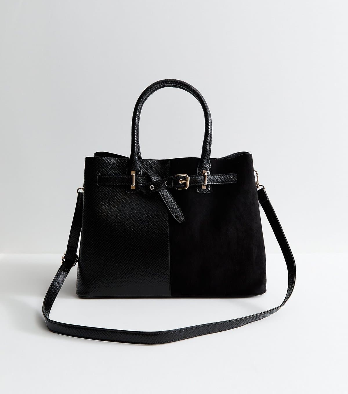 New Look Black Snake Embossed Faux Leather Belted Tote Bag Vegan New Look