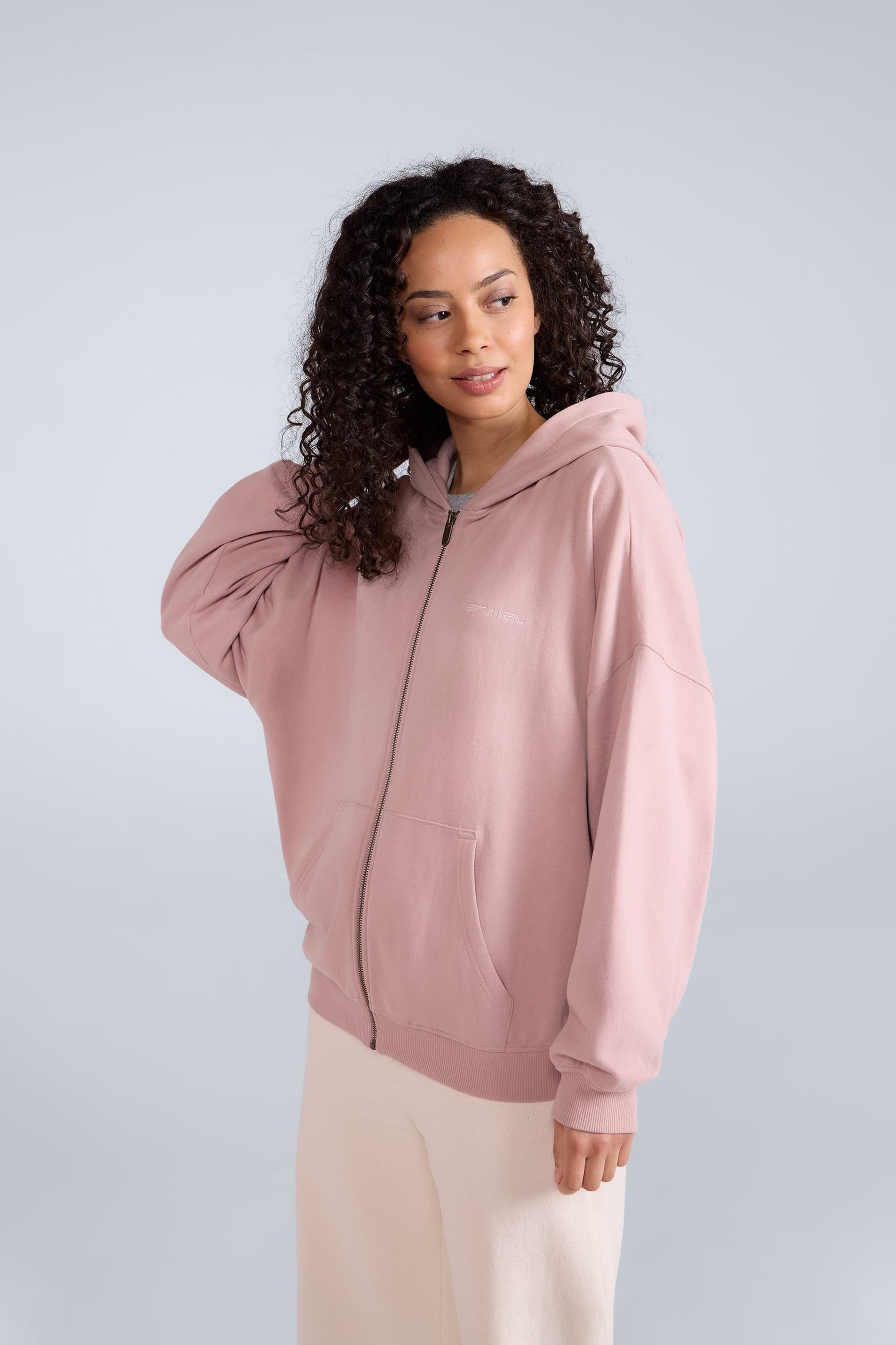 Animal Animal Women's 'Idol' Warm Comfortable Casual 100% Cotton Logo Zip Through Hoodie in Light Pink