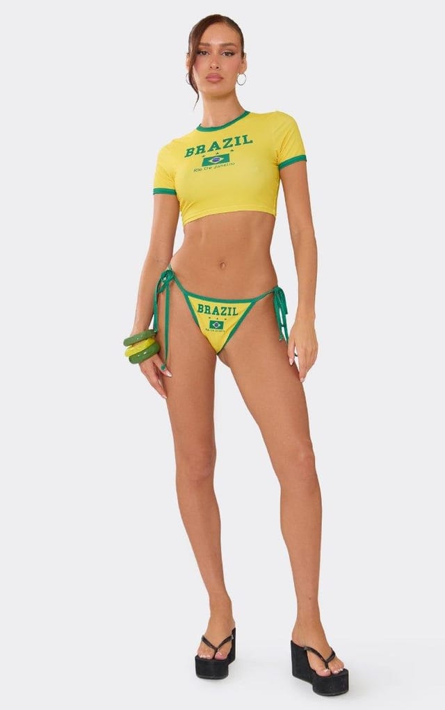 EGO Brazil Short Sleeve Graphic Detail Top And Tie Side Bikini Bottoms Set In Yellow, Women's Size UK L - 2