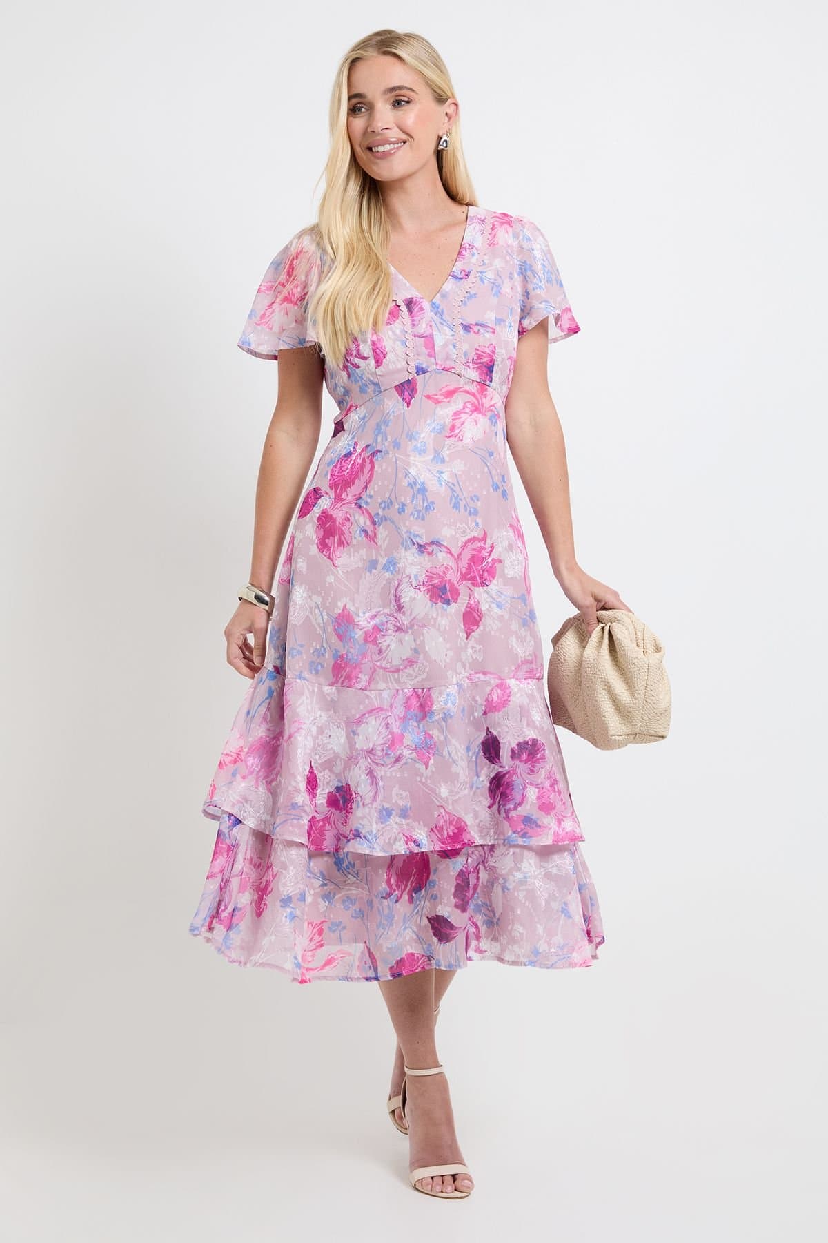 Wallis Wallis Women's Petite Floral Burn Out Ruffle Sleeve Midi Dress in Lilac