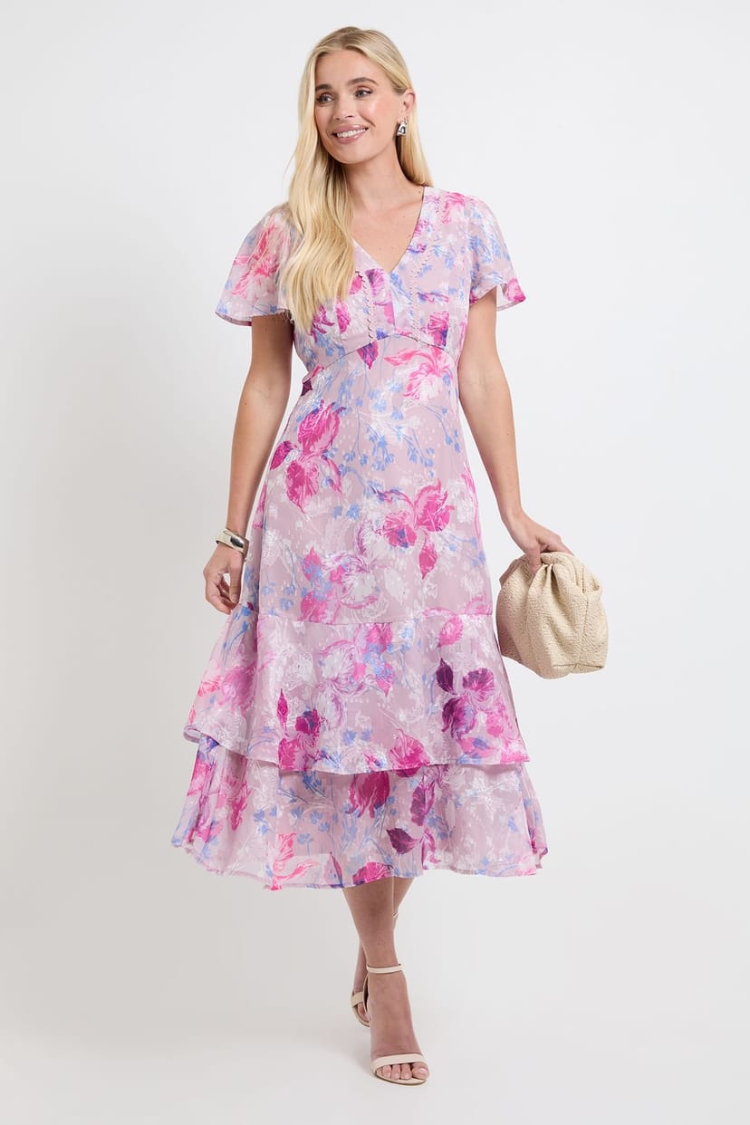 Wallis Wallis Women's Petite Floral Burn Out Ruffle Sleeve Midi Dress in Lilac - 1