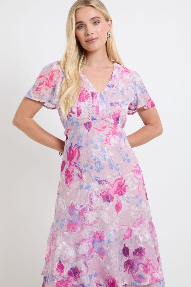 Wallis Wallis Women's Petite Floral Burn Out Ruffle Sleeve Midi Dress in Lilac - 2