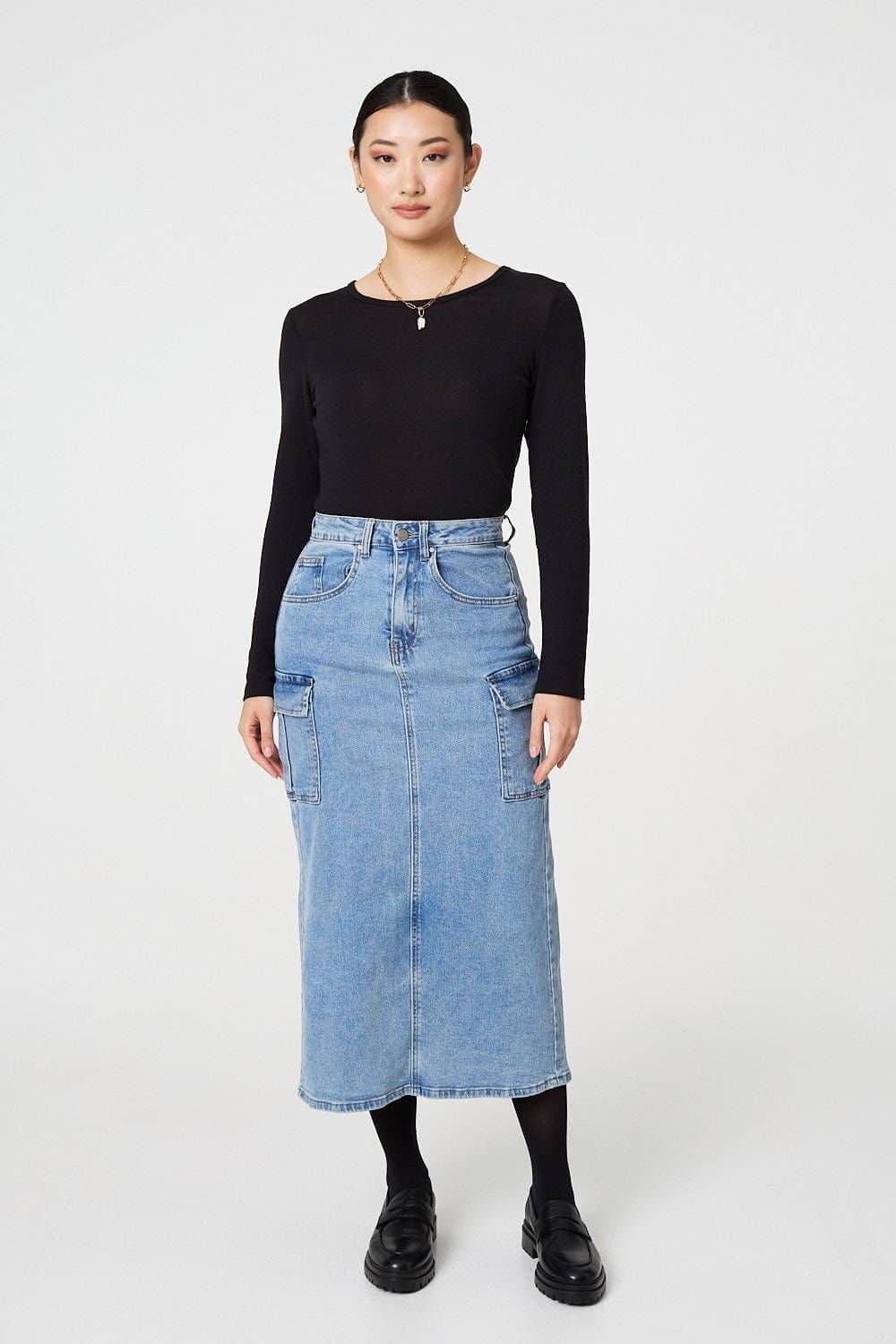 Izabel London Izabel London Women's Denim High Waist Midi Cargo Skirt in Blue