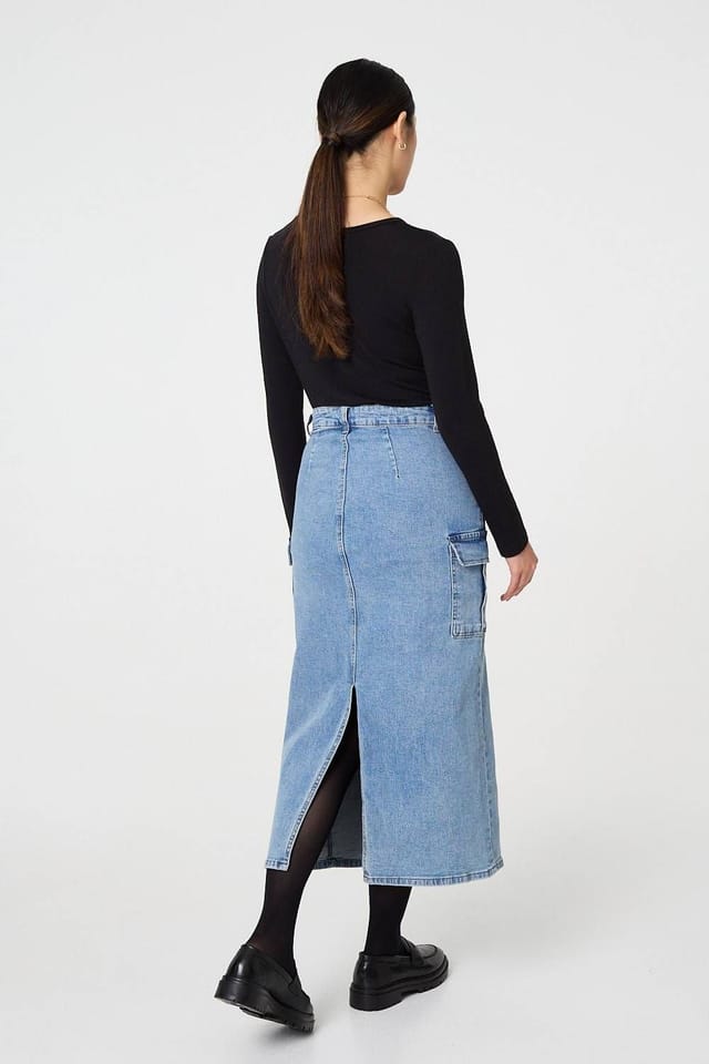Izabel London Izabel London Women's Denim High Waist Midi Cargo Skirt in Blue - 2