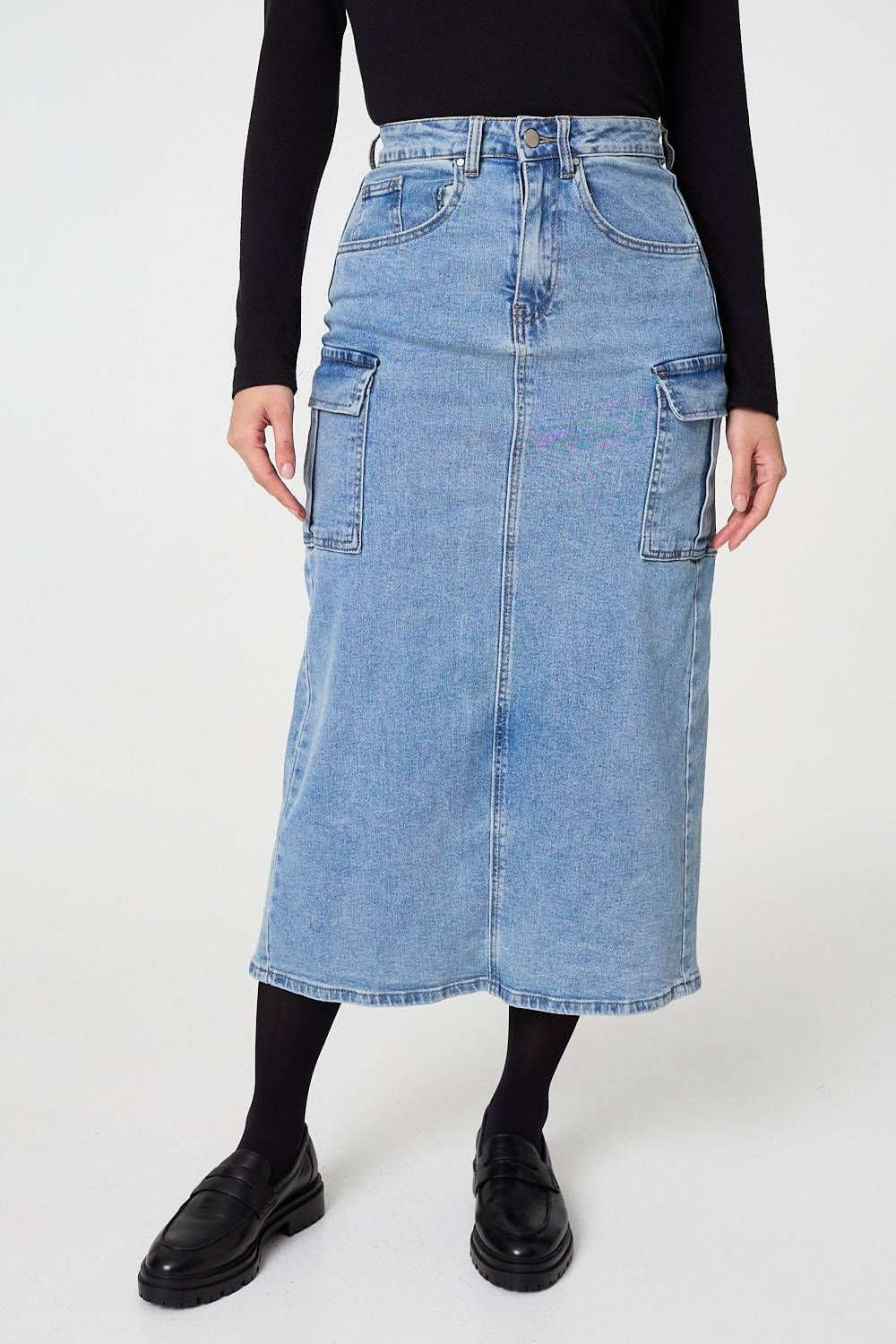 Izabel London Izabel London Women's Denim High Waist Midi Cargo Skirt in Blue - 4
