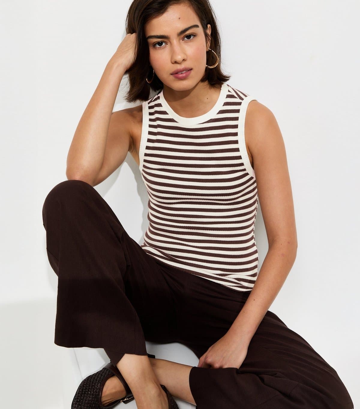 New Look New Look Brown Striped Cotton-Rich Ribbed Tank Top