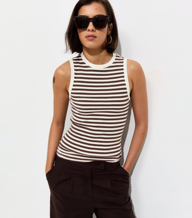New Look Women's Brown Striped Cotton Rich Ribbed Tank Top New Look - 2