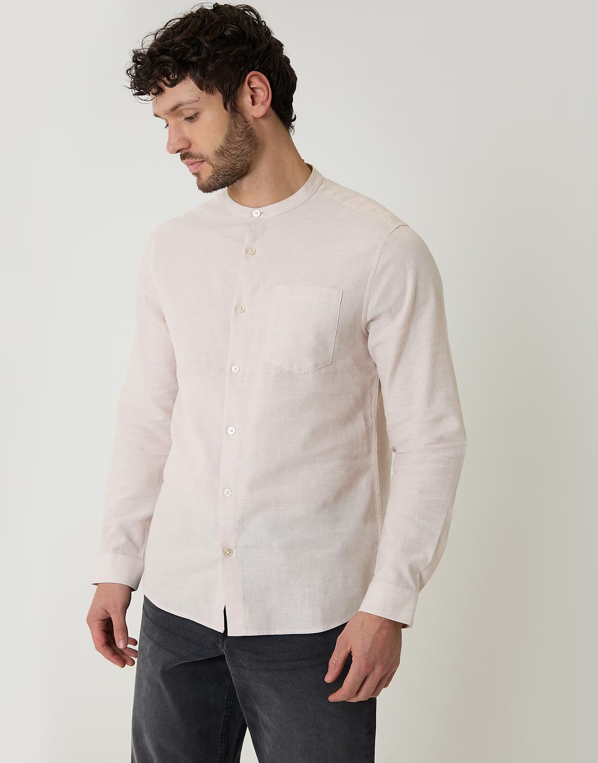 ASOS Threadbare Linen blend long sleeve grandad collar shirt in light stone