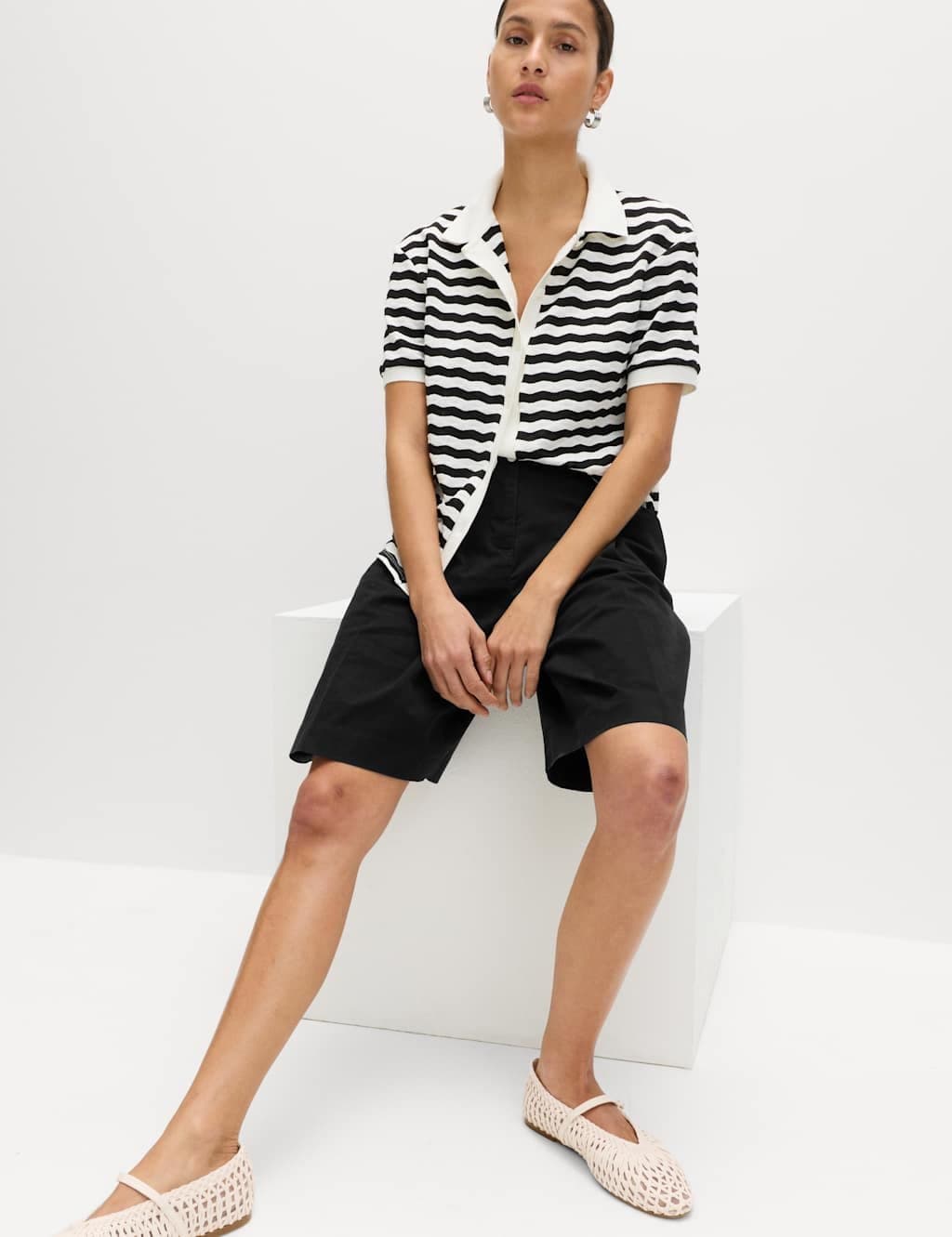 Marks & Spencer M&S Cotton Rich High Waisted Pleat Front Bermuda Shorts Black