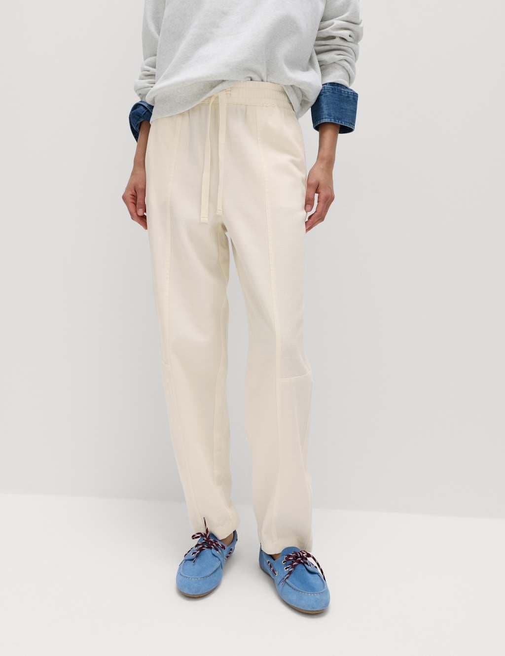 Marks & Spencer M&S Ecru Cotton Blend Tapered Trousers