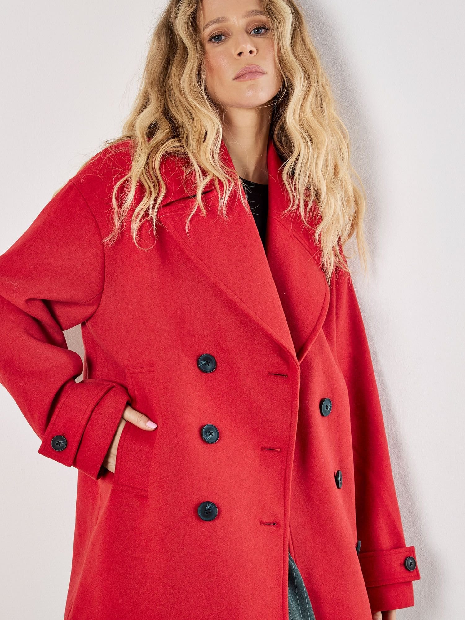 Apricot Apricot Women's Tailored Double-Breasted Peacoat in Red - 4