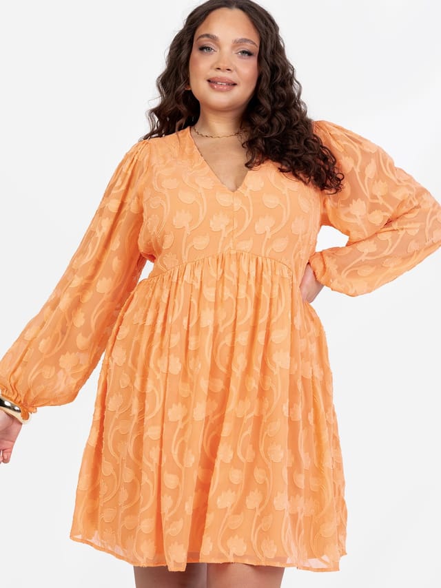 Lovedrobe Lovedrobe Women's Long Sleeve Floral Burn Out Mini Dress in Orange - 2
