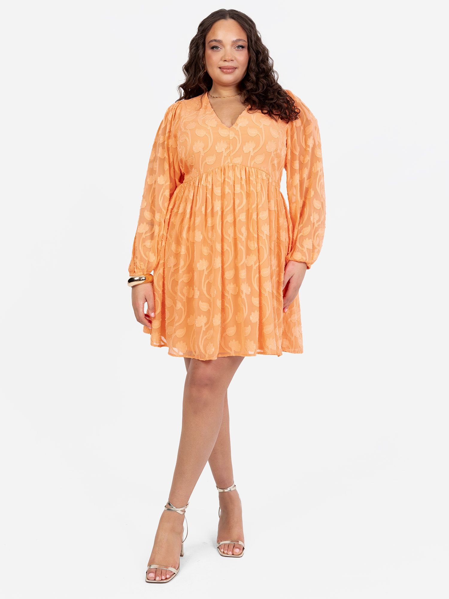 Lovedrobe Lovedrobe Women's Long Sleeve Floral Burn Out Mini Dress in Orange - 3