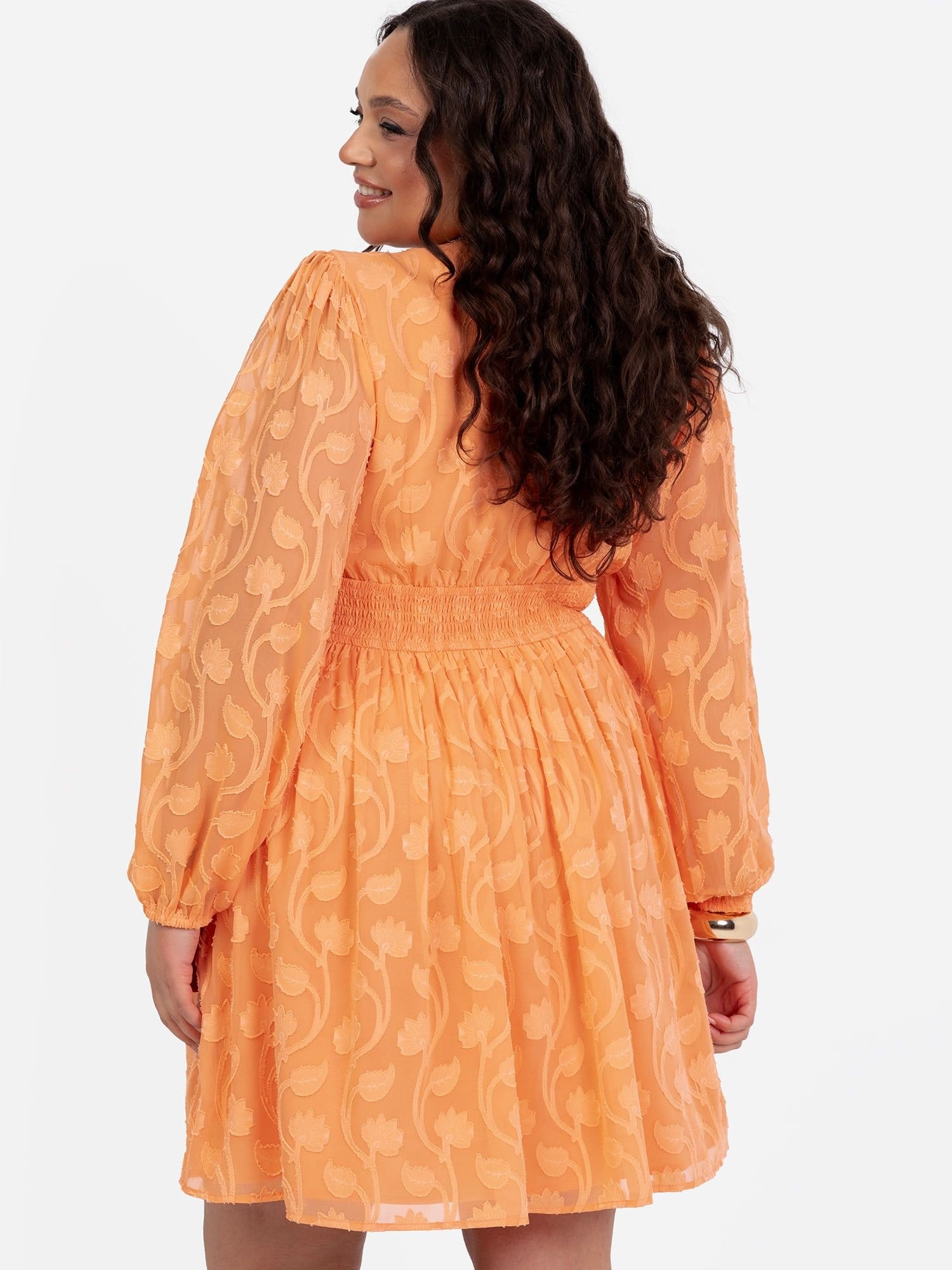 Lovedrobe Lovedrobe Women's Long Sleeve Floral Burn Out Mini Dress in Orange - 4