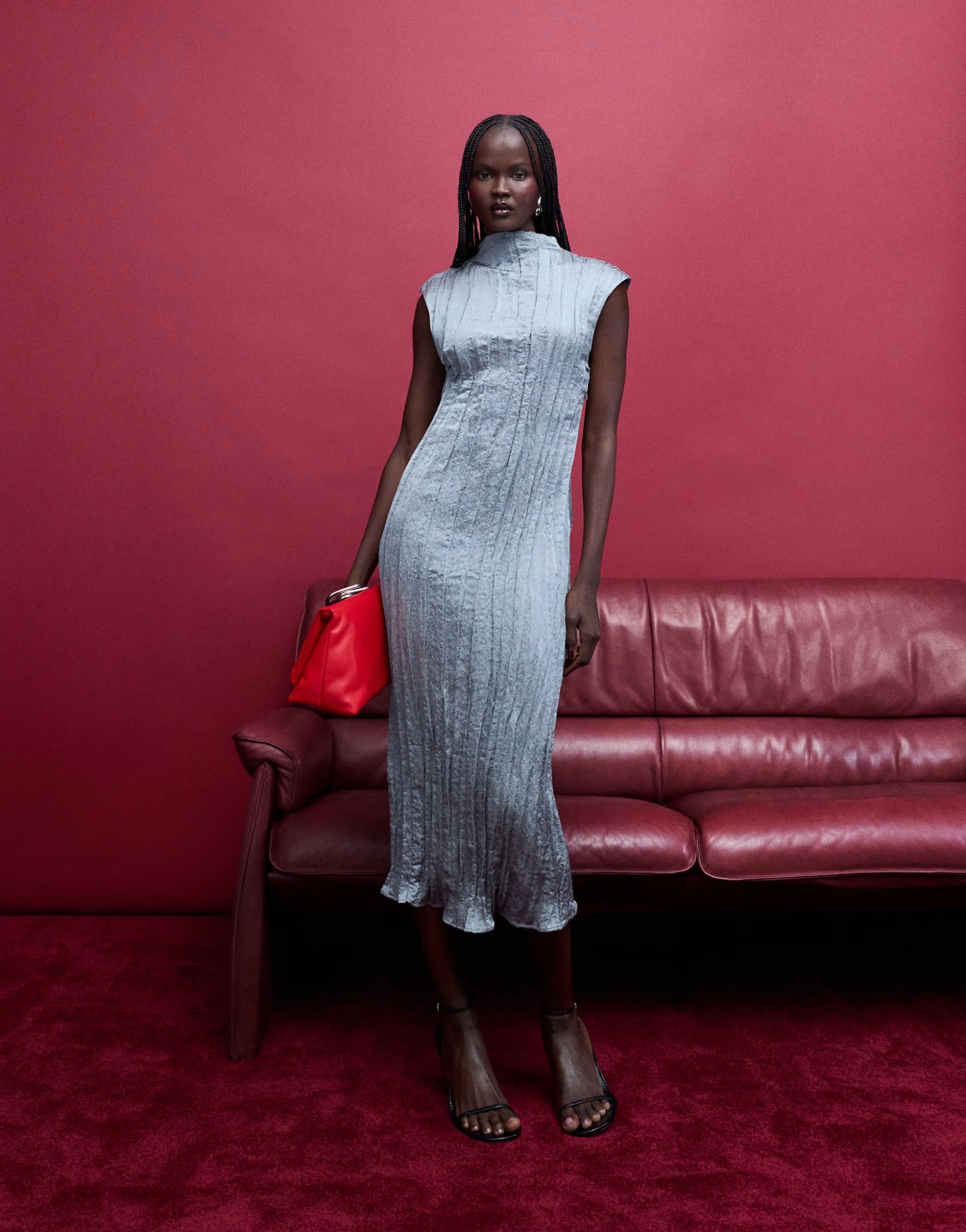 ASOS ASOS Grey Crinkle Midi Dress with Side Slit