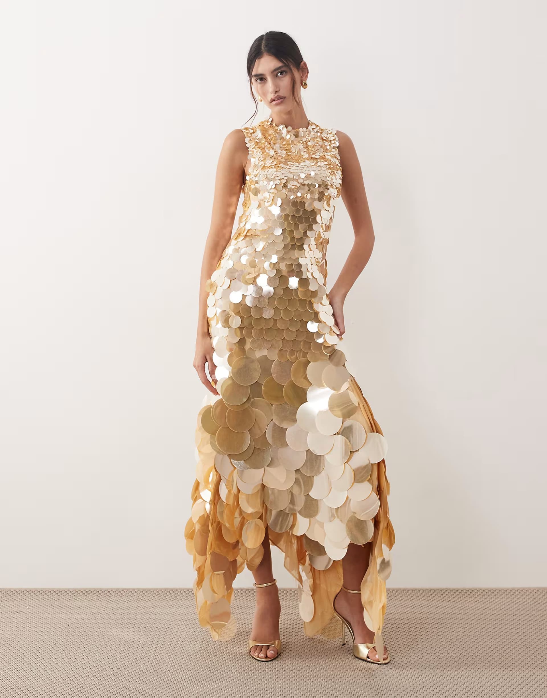 ASOS ARRANGE embellished sequin high neck maxi dress in apricot