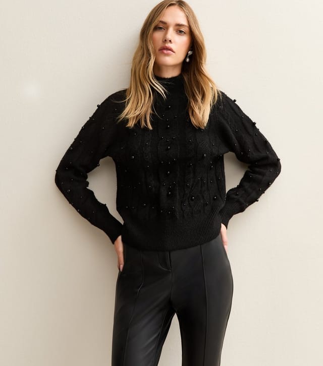 New Look Women's Black Cable Knit Bead Embellished Jumper New Look - 2