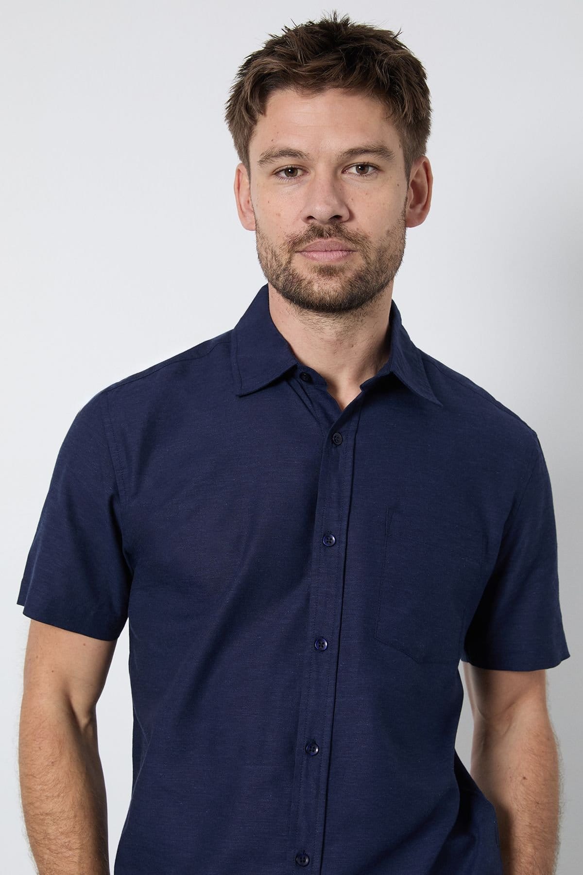 Burton Burton Men's Navy Linen Blend Short Sleeve Shirt - 4