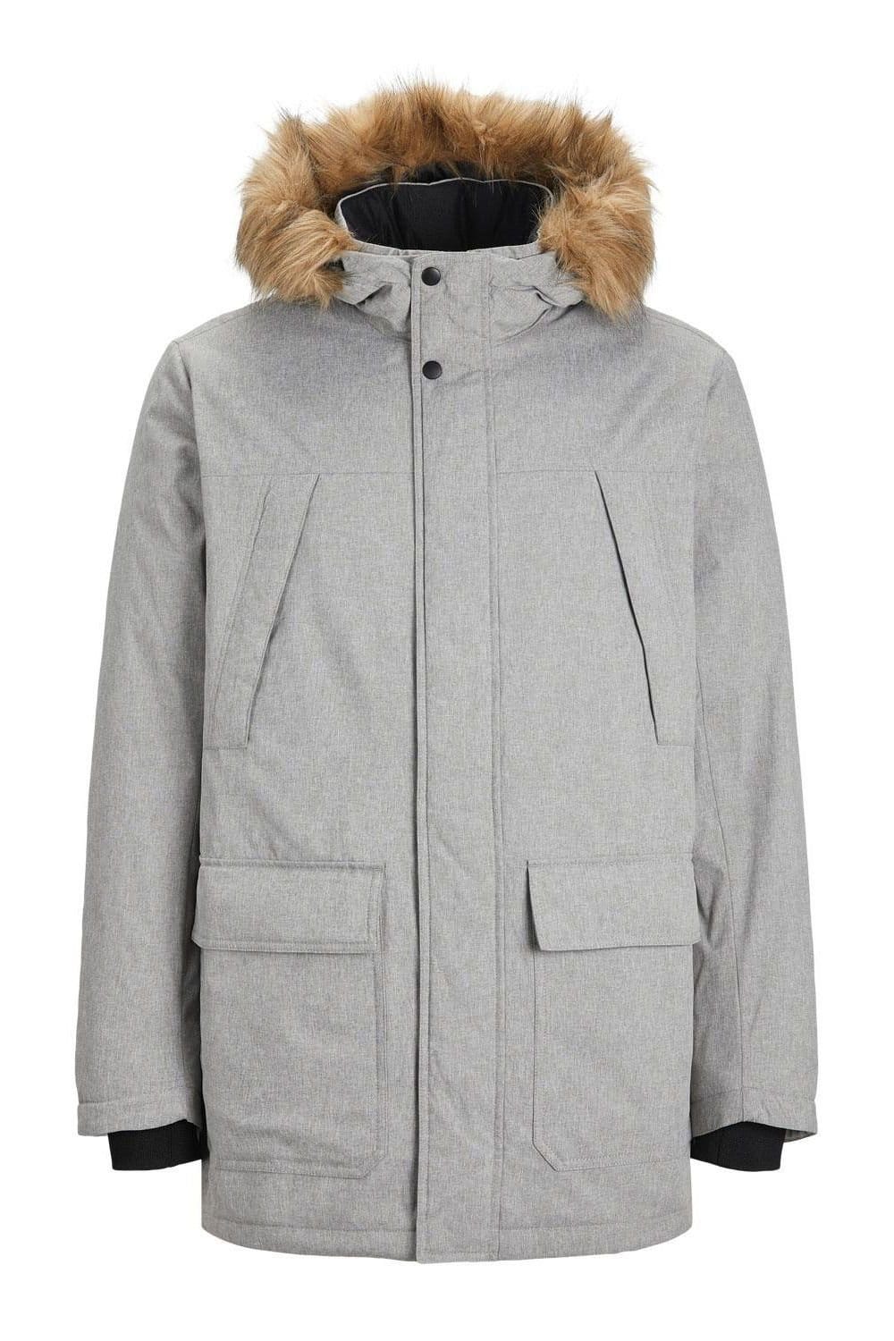 Jack & Jones Men's Padded Parka Jacket Grey Melange Hooded Coat