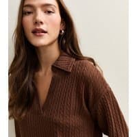 New Look Women's Camel Soft Touch Cable Knit Polo Top New Look