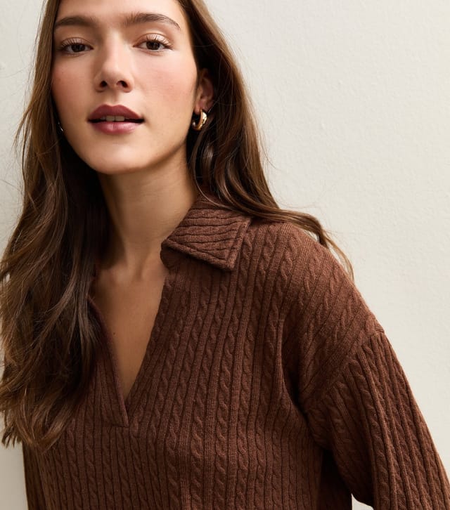 New Look Women's Camel Soft Touch Cable Knit Polo Top New Look - 2