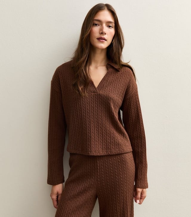 New Look Women's Camel Soft Touch Cable Knit Polo Top New Look - 3