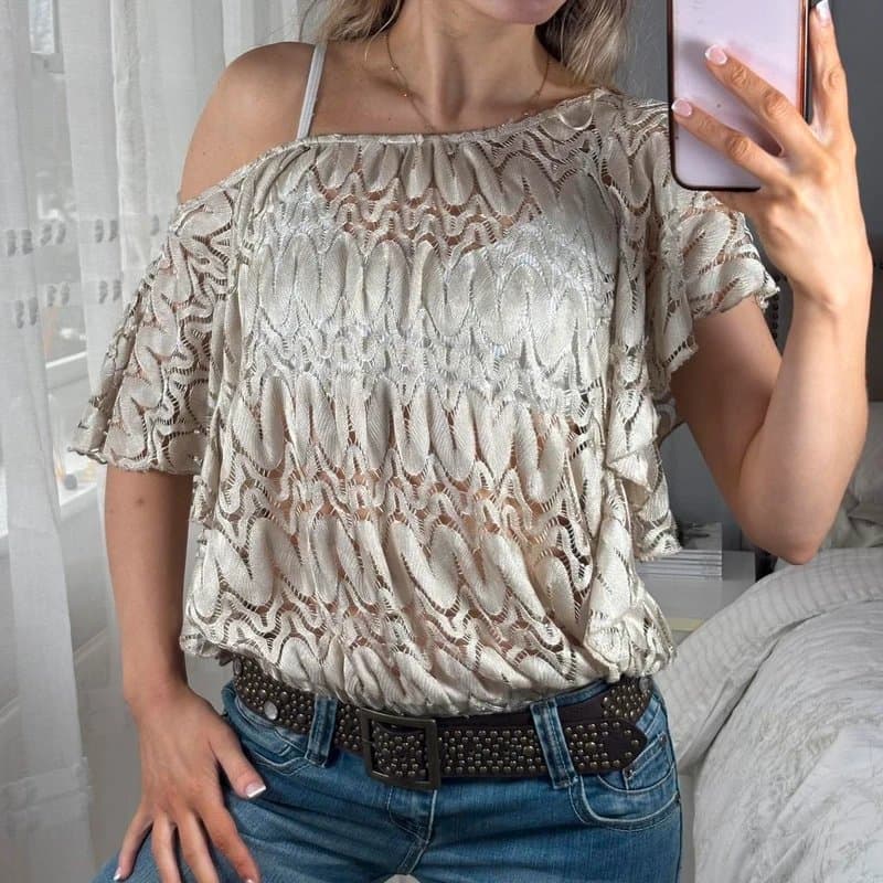 Blue Vanilla Y2K lace cut out cream off the shoulder top