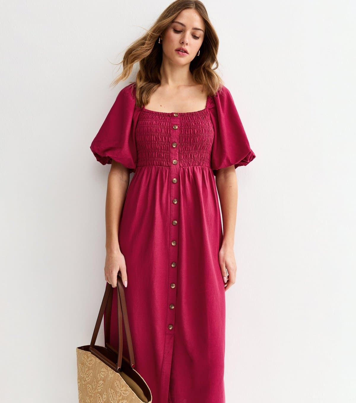 New Look Women's Light Burgundy Faux Button Milkmaid Midi Dress New Look