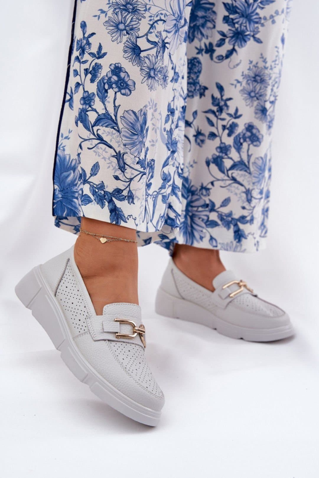 Love Lace Love Lace Women's Natural Moccasins with Gold Ornament Wedge Comfort in Light Grey