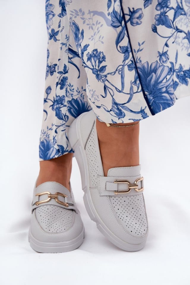 Love Lace Love Lace Women's Natural Moccasins with Gold Ornament Wedge Comfort in Light Grey - 3