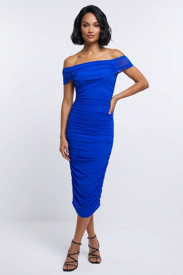 Dusk Dusk Women's Ruched Mesh Stretch Dress in Royal - 3