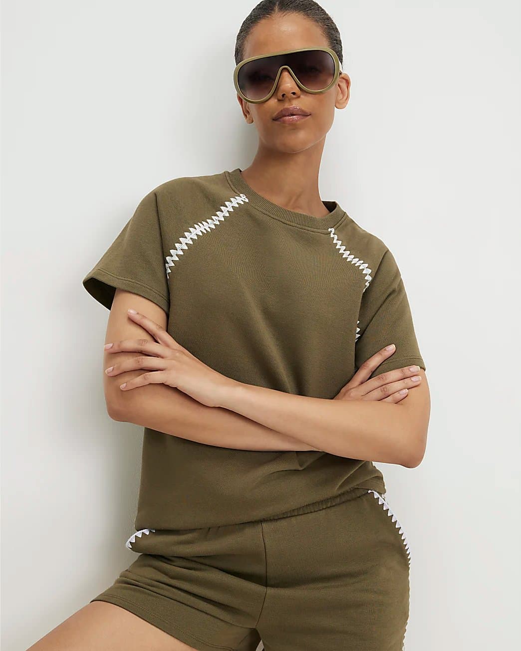 River Island River Island Womens Khaki Cotton Blend Whipstitch Trim T-Shirt