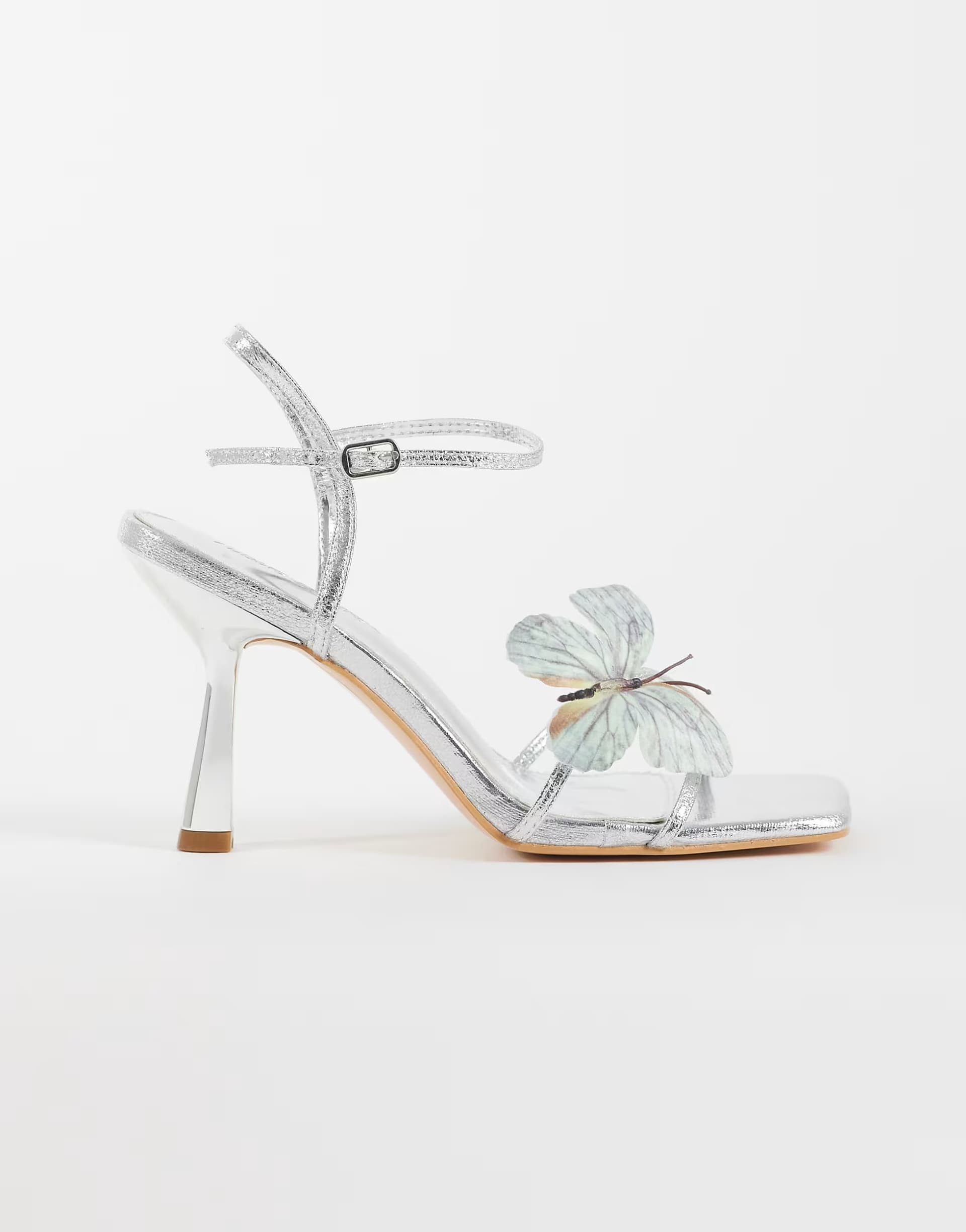 ASOS Public Desire Wide Fit Colossus flower barely there heeled sandals in silver