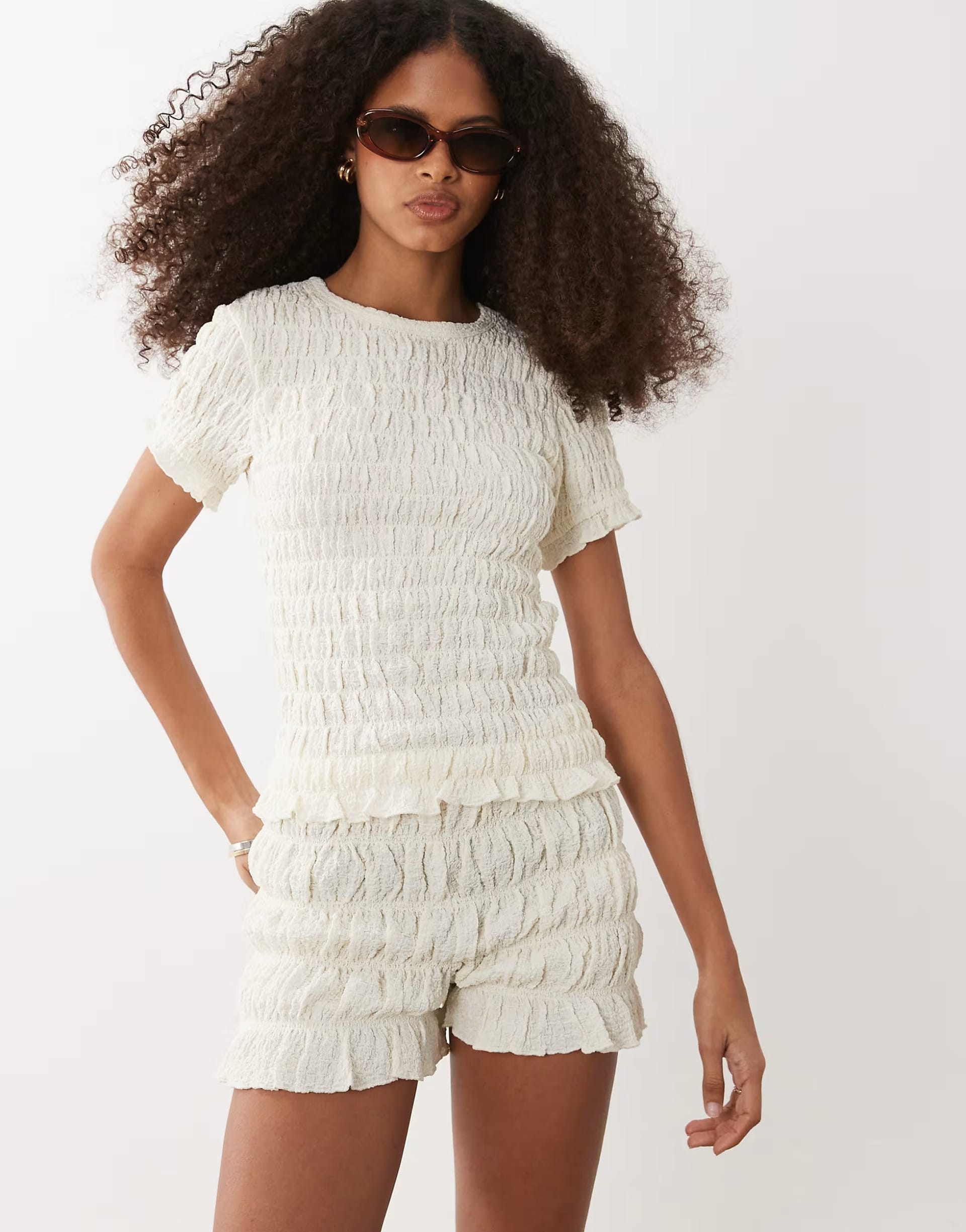 ASOS Brave Soul Cream Ruched Mini Shorts with Ruffle Detail