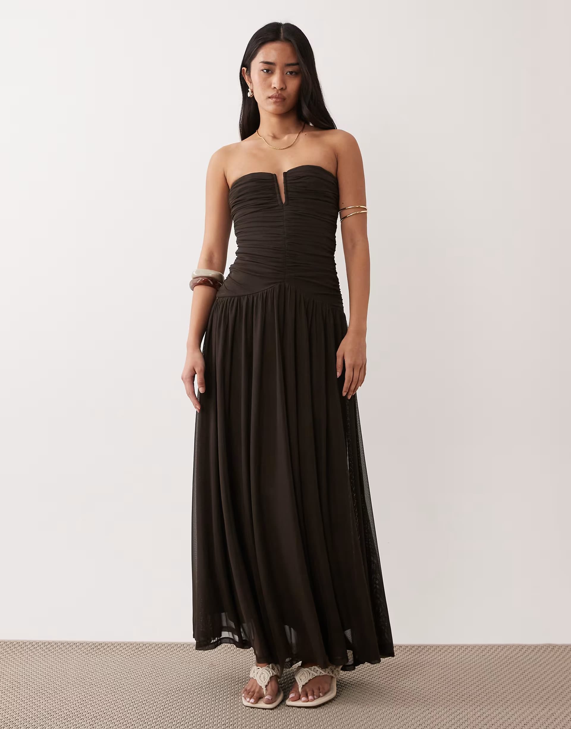 ASOS NIA Abbott Kinney bandeau floaty midaxi dress in chocolate brown