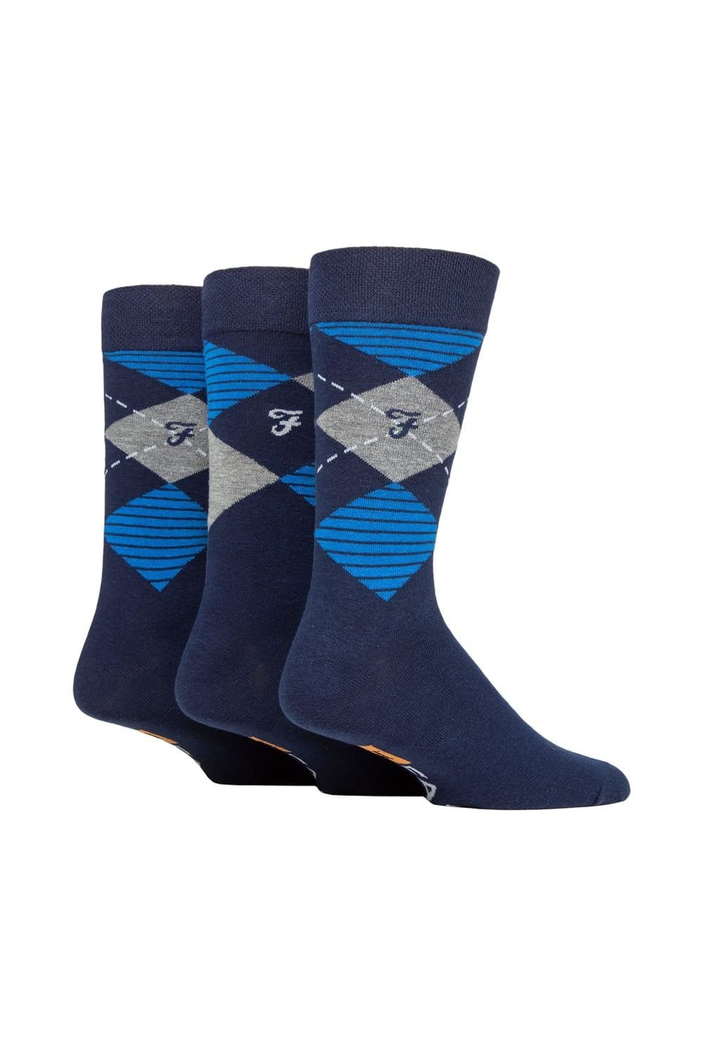Farah FARAH Men's Mens 3 Pair Argyle, Patterned & Striped Cotton Socks in Navy - 1