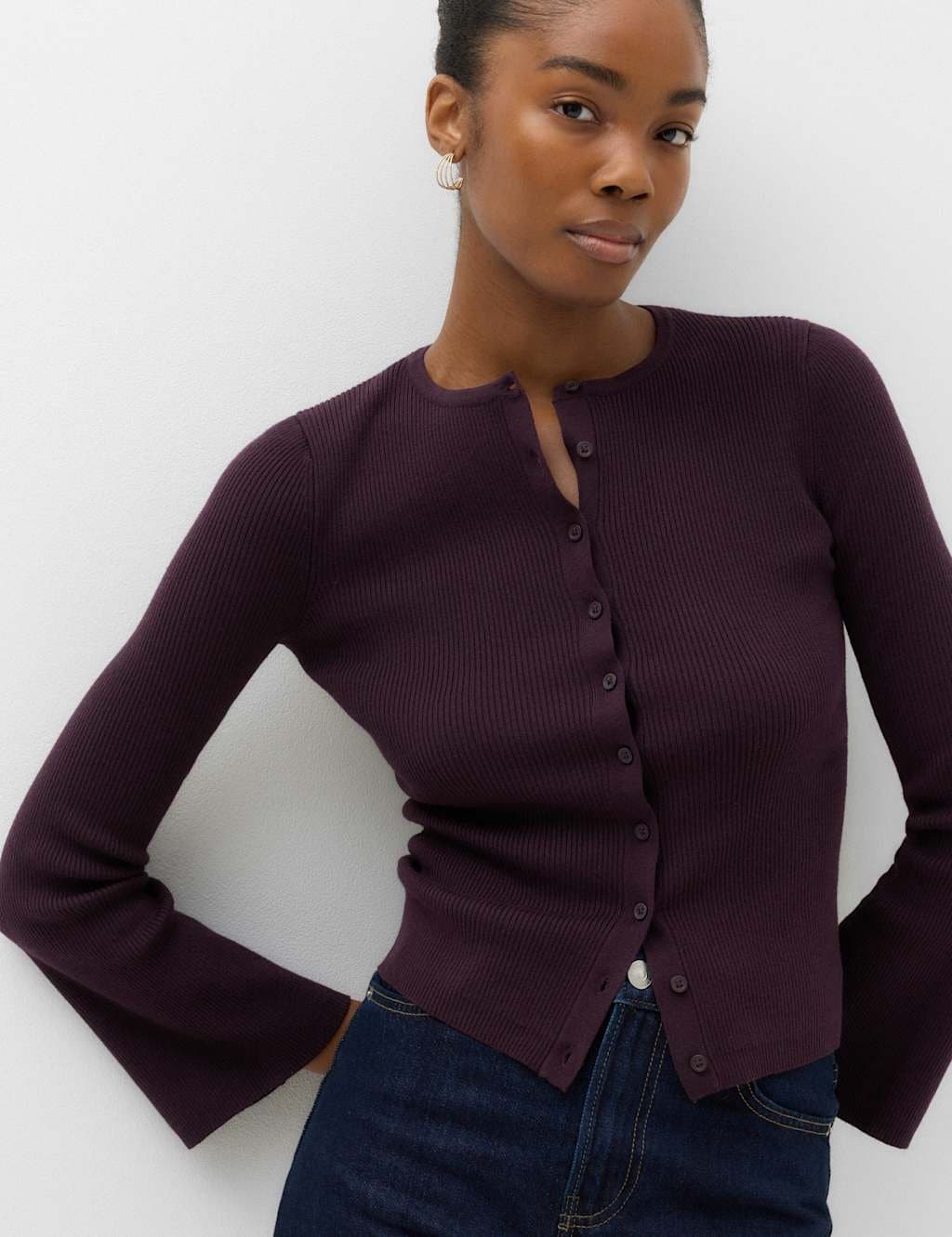Marks & Spencer M&S Ribbed Slim Fit Cropped Cardigan with Wool Dark Aubergine
