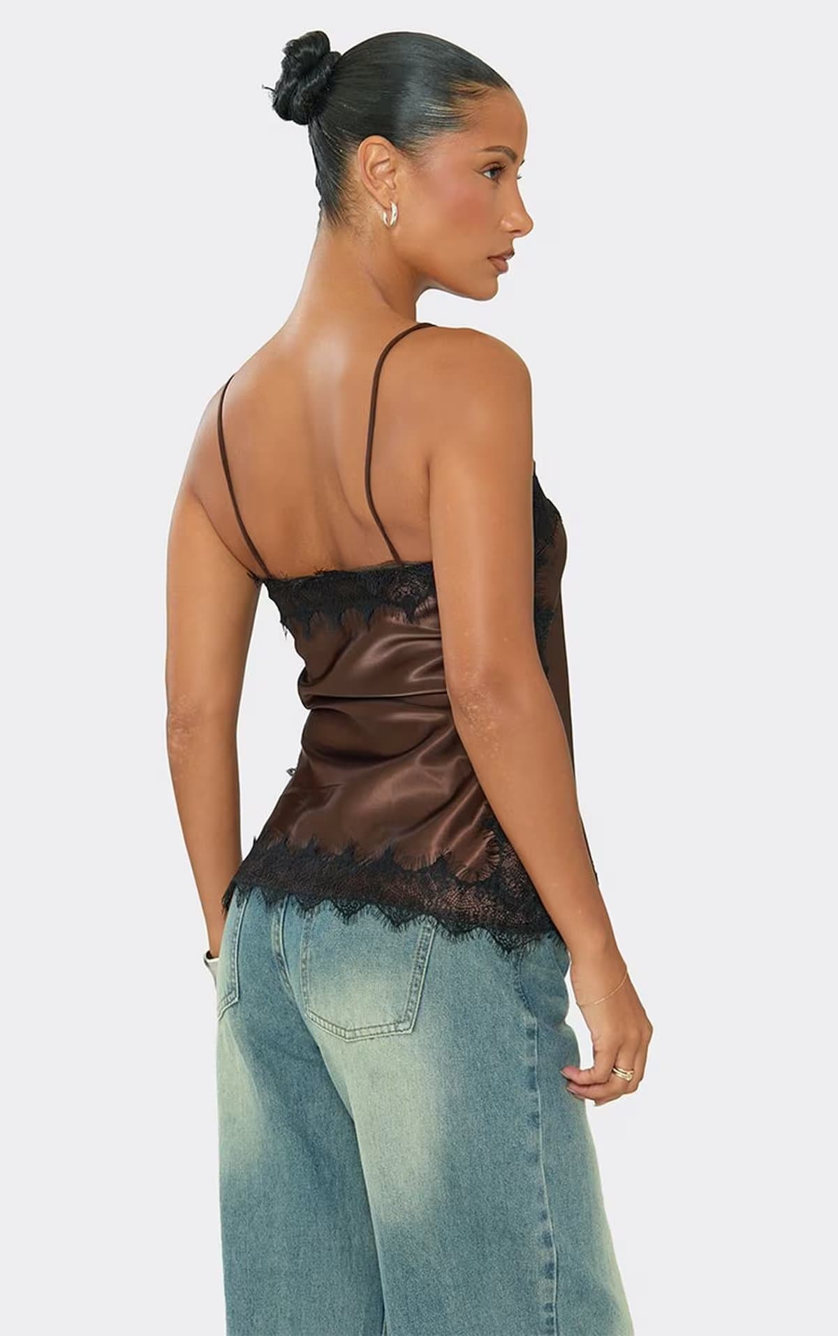 EGO EGO Brown Satin Strappy Square Neck Contrast Lace Cami Top