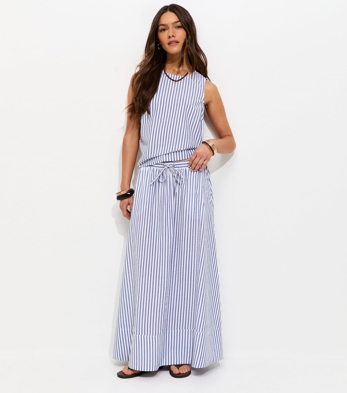 New Look Women's Petite Blue Striped Seersucker Circle Skirt New Look