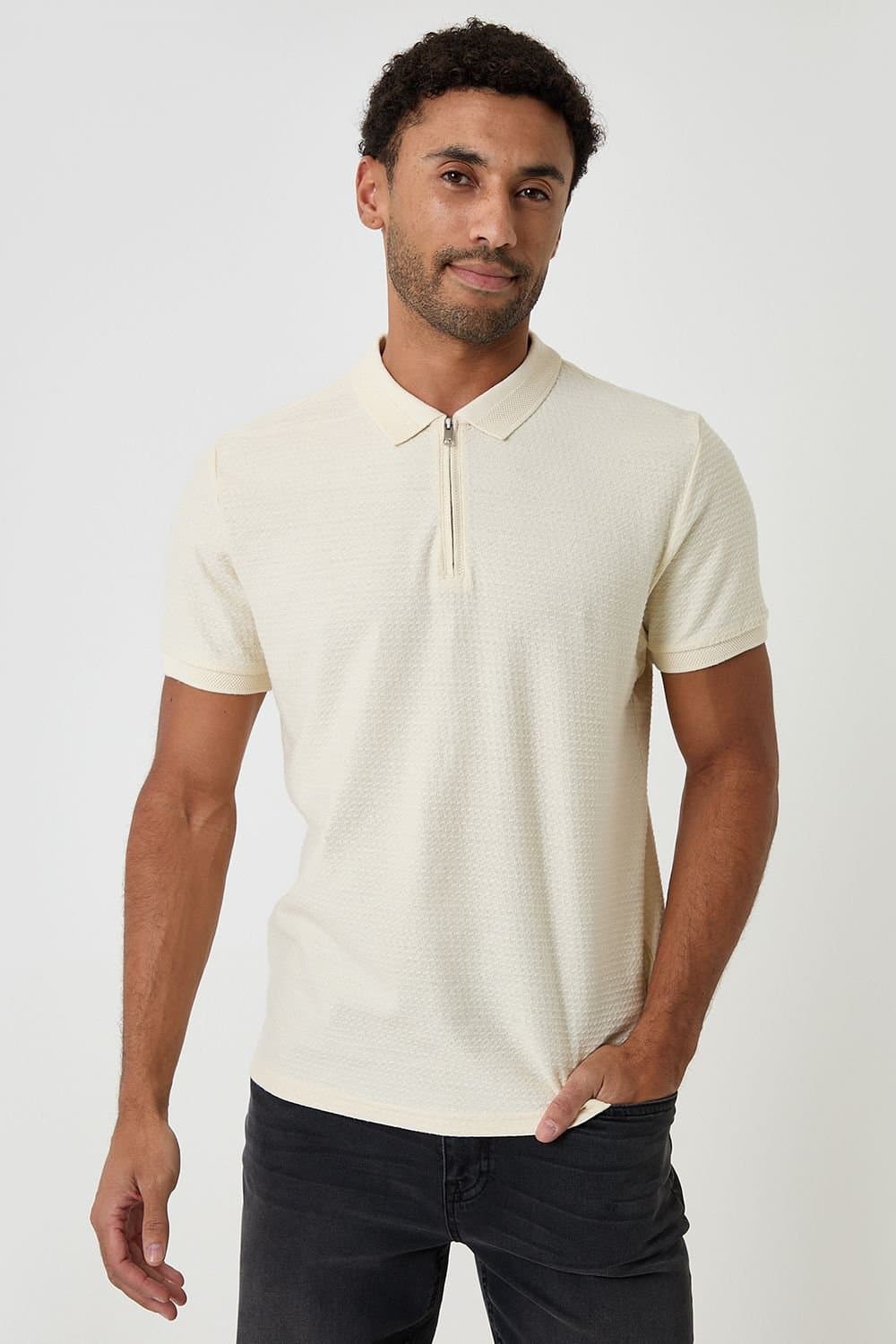 Threadbare threadbare Men's Textured Cotton Quarter Zip Polo Shirt in Natural